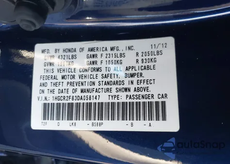 2013 Honda Accord Ex-L z USA, uszkodzony, nr VIN 1HGCR2F83DA058147